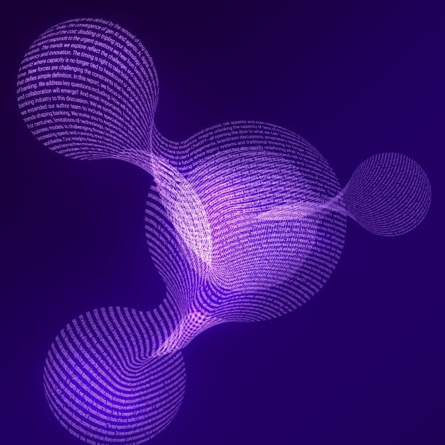 Abstract glowing molecule shape, formed by white flowing text lines, on a dark purple background