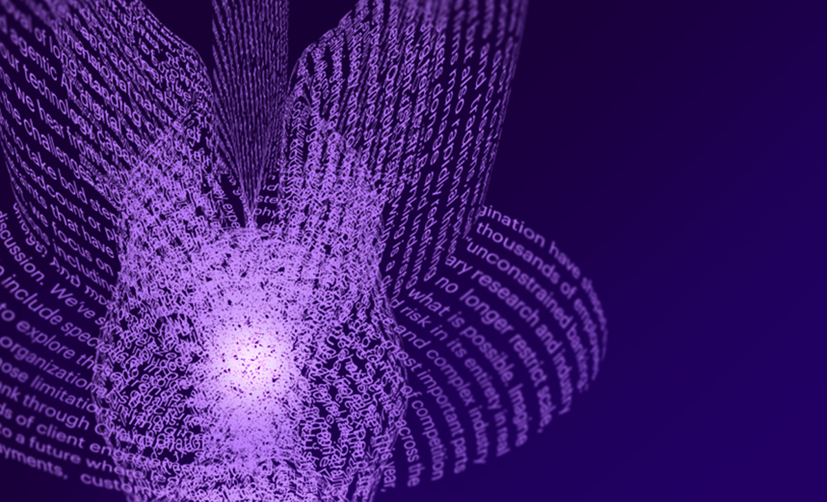 Abstract 3D curves formed by light purple typography on a dark purple background.