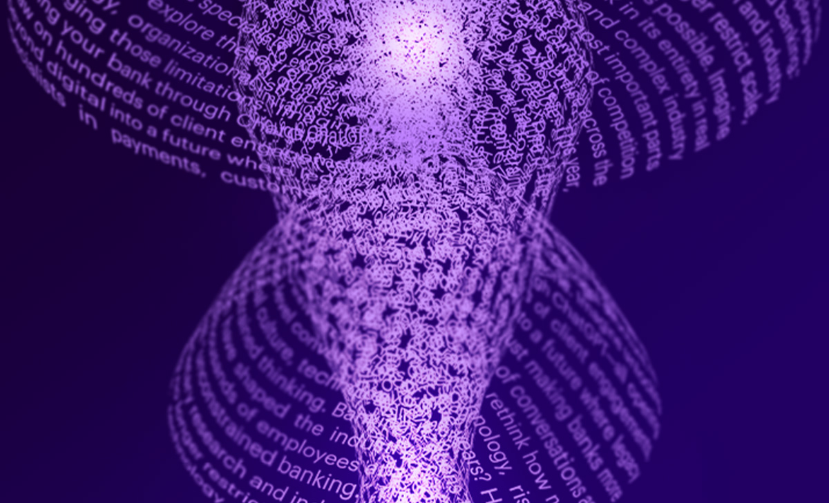Abstract 3D curves formed by light purple typography on a dark purple background.